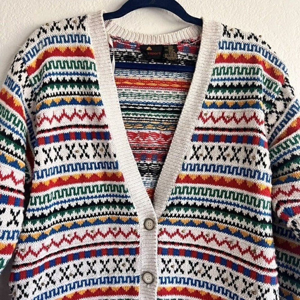 LizSport Vintage Fair Isle Oversized Cottagecore Cardigan Sweater Grandma Small - Picture 8 of 11